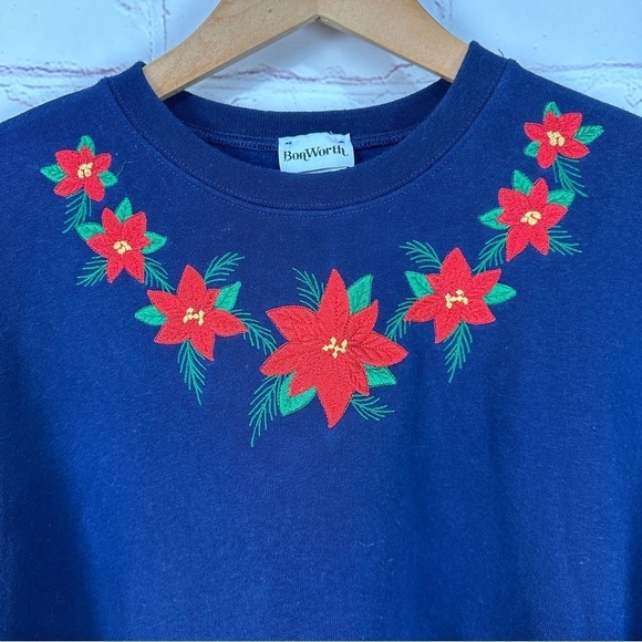 Vintage Womens Sweater Medium Christmas Holiday Crewneck Ugly Party Poinsettia - Picture 5 of 7